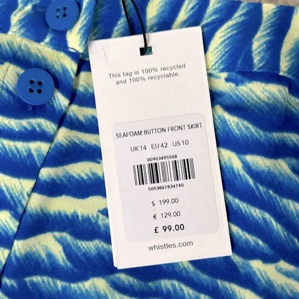 Whistles Sea foam Blue Button Front Midi Skirt, Women’s Size 10 NWT